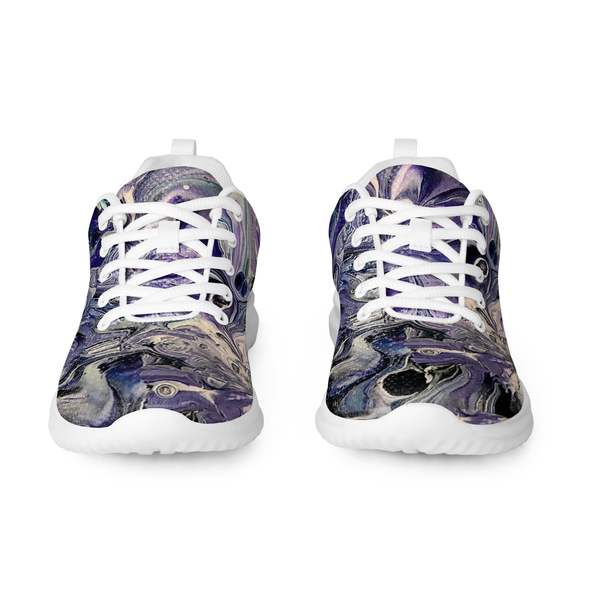 Marbled purple and blue sneakers with white laces on a white background