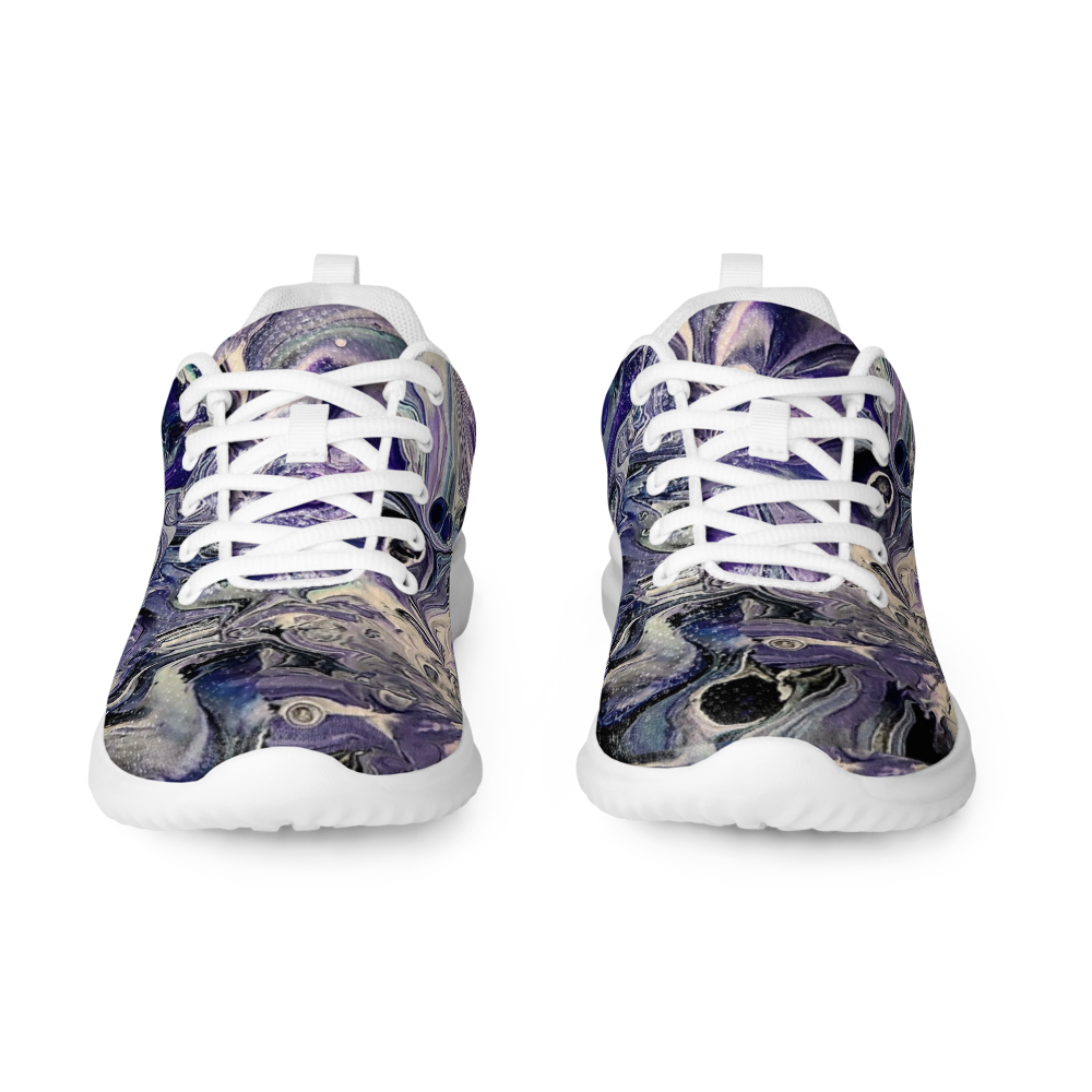 Marbled purple and blue sneakers with white laces on a white background