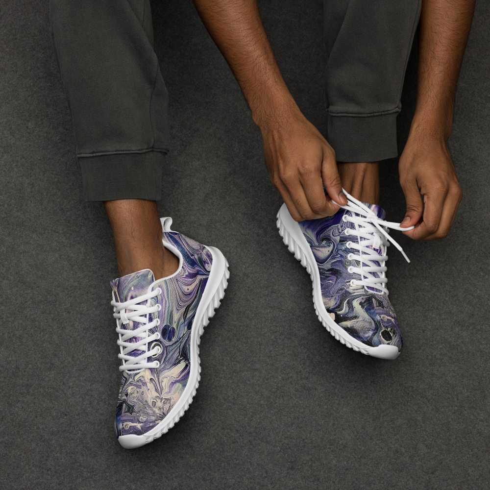 Person wearing marbled purple and blue sneakers on a dark gray background