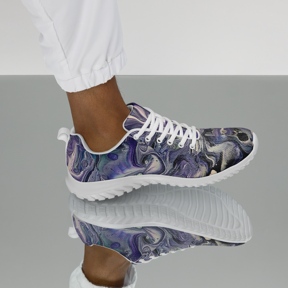 Marbled purple and blue sneakers with white laces on a gray background