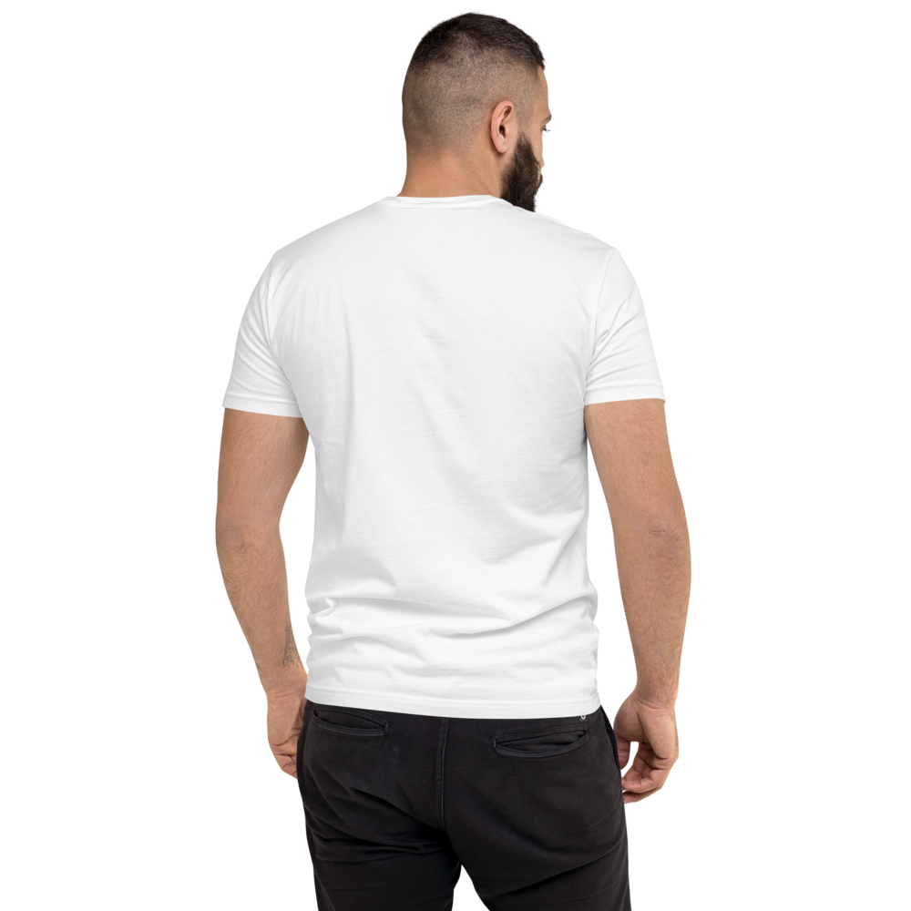 backside of a man wearing a white and black novelty t-shirt on a white background