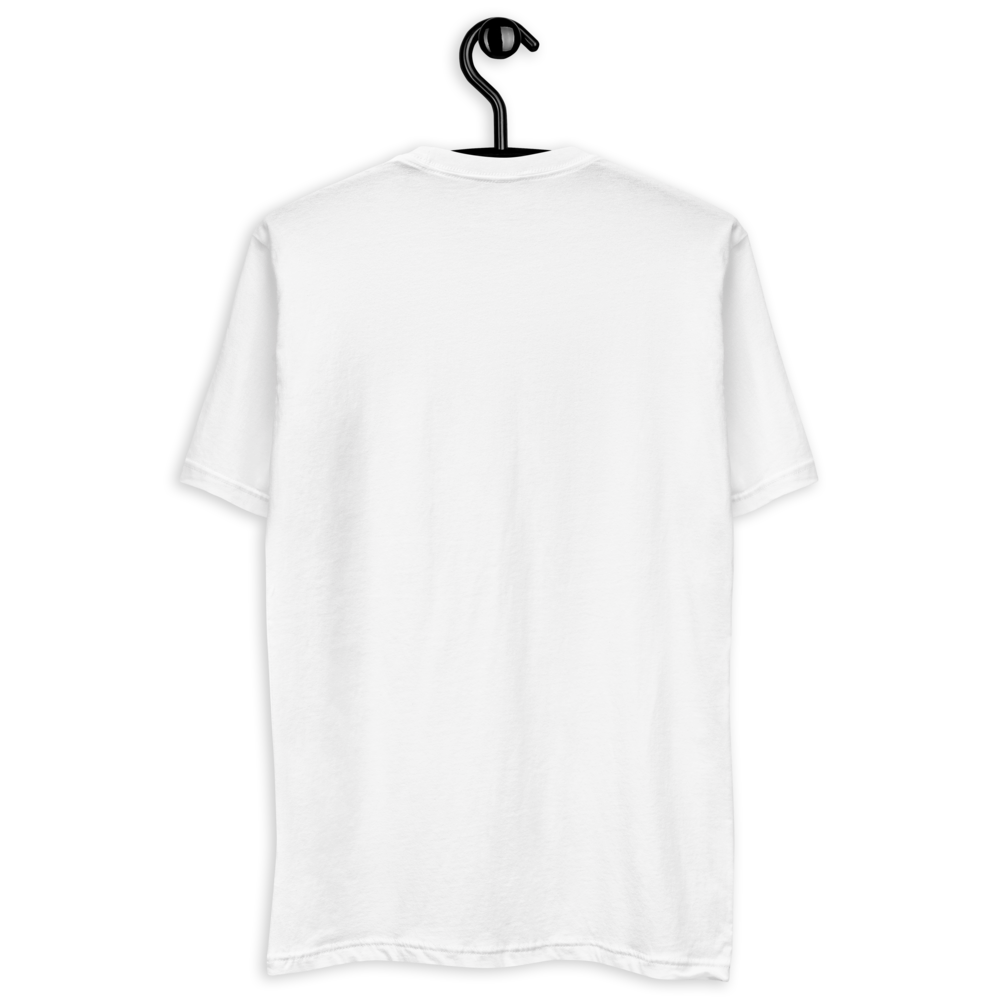 backside of a  black, white and green novelty t-shirt on a hanger on a white background