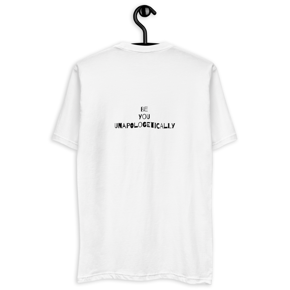 backside of a man's white t-shirt with a face and catchy phrase on a clothes hanger on a white background