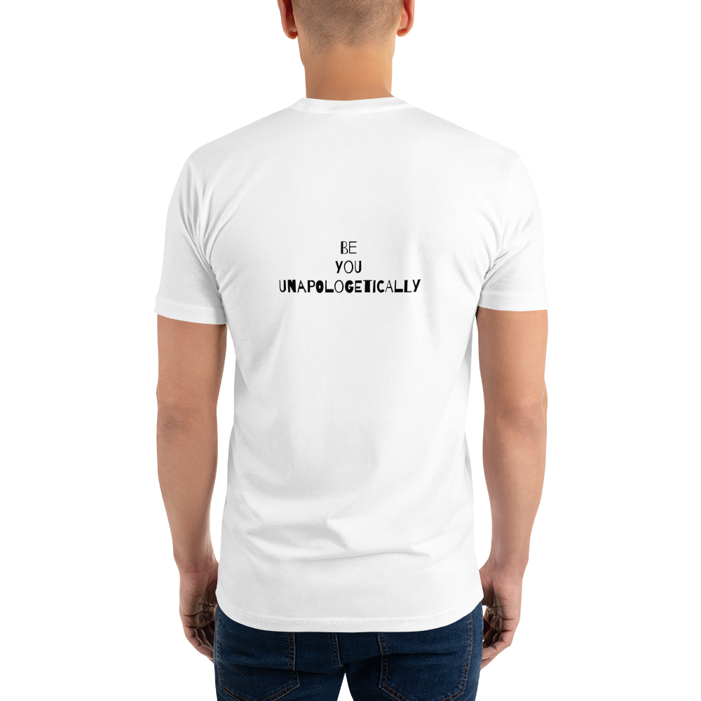 backside of a man wearing a man's white t-shirt with a face and catchy phrase on a white background