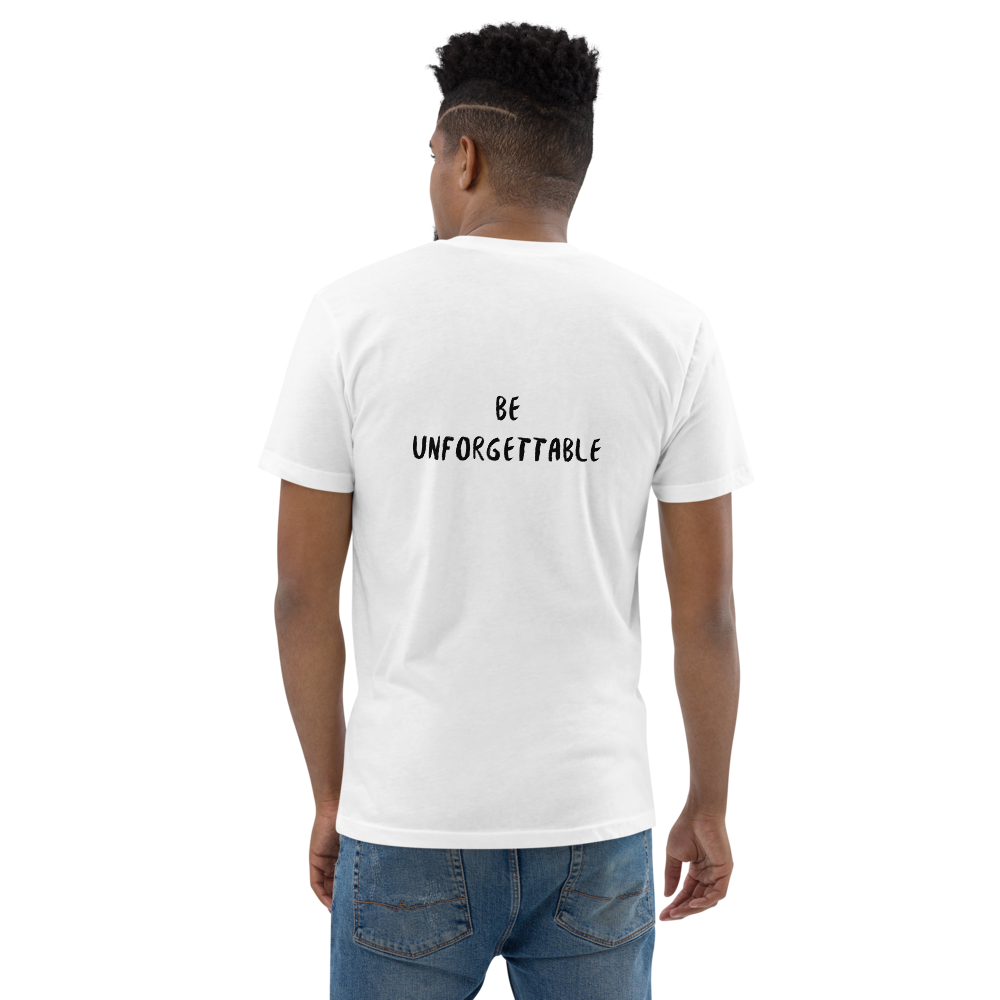 backside of a man wearing a novelty t-shirt with a catchy phrase on a white background