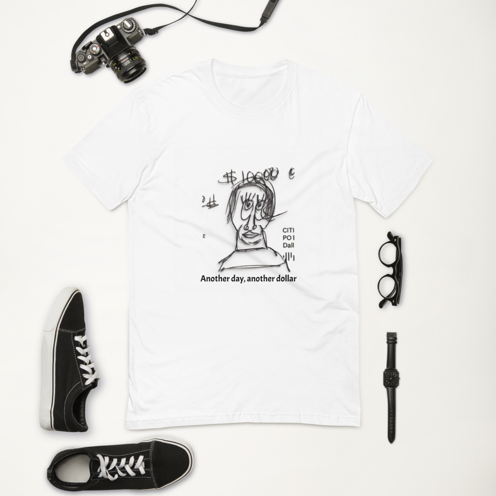 men's white novelty t-shirt surrounded by shoes, glasses and accessories