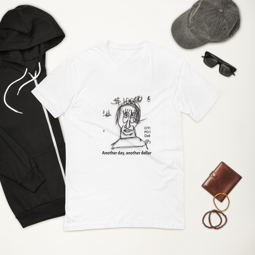 men's white novelty t-shirt surrounded by shoes, glasses and accessories