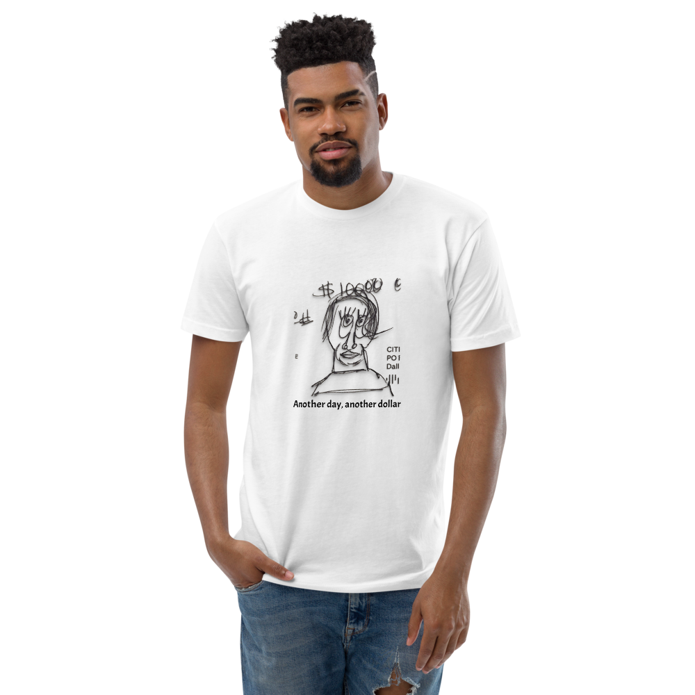 Bearded man wearing a white novelty t-shirt on a white background