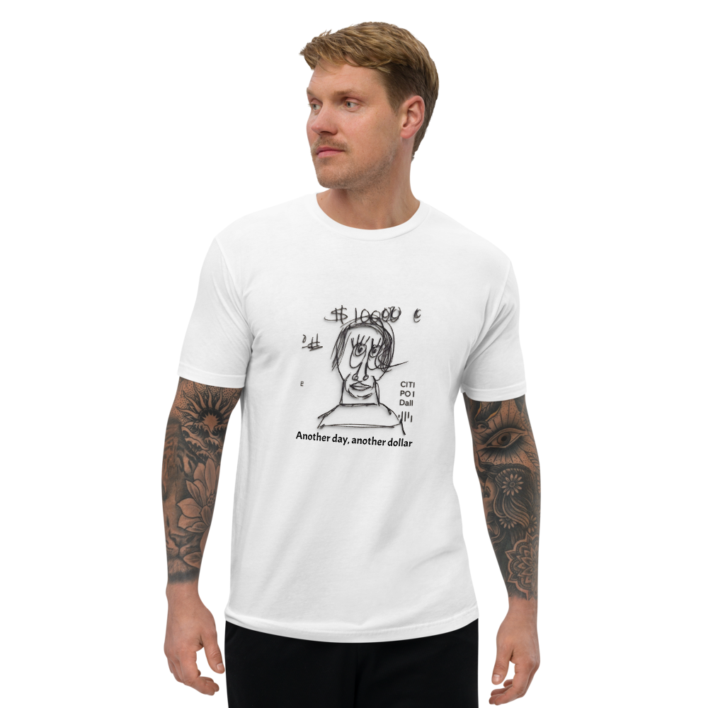 Tattooed man wearing a white novelty t-shirt on a white background