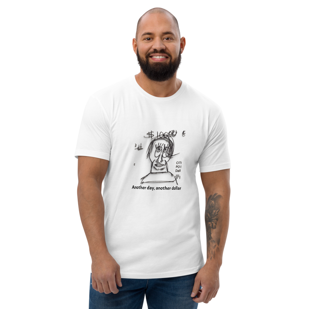 Bearded man wearing a white novelty t-shirt on a white background