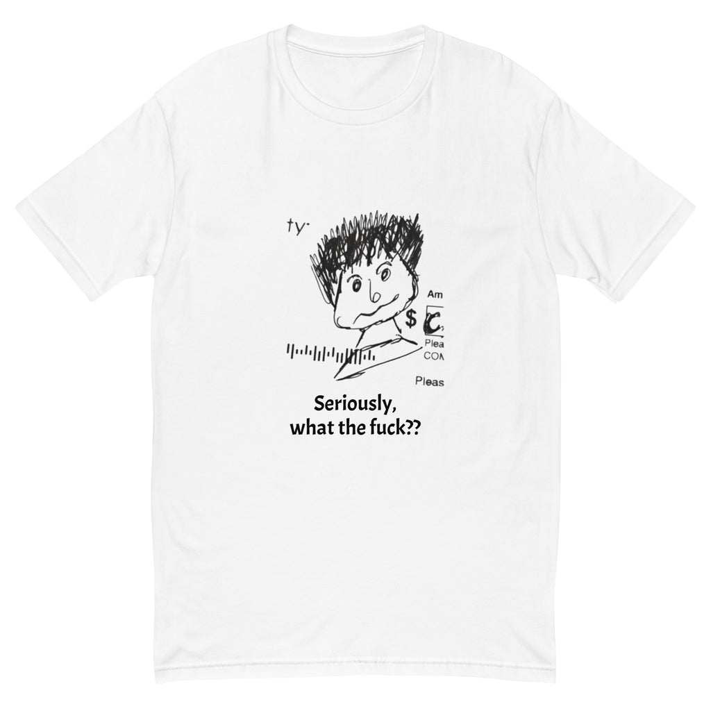 men's white and black novelty t-shirt on a white background