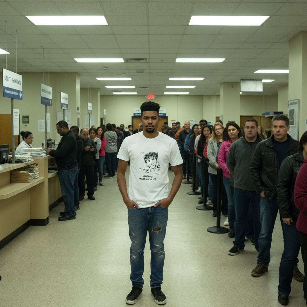 Bearded man in a white and lack novelty t-shirt standing in line