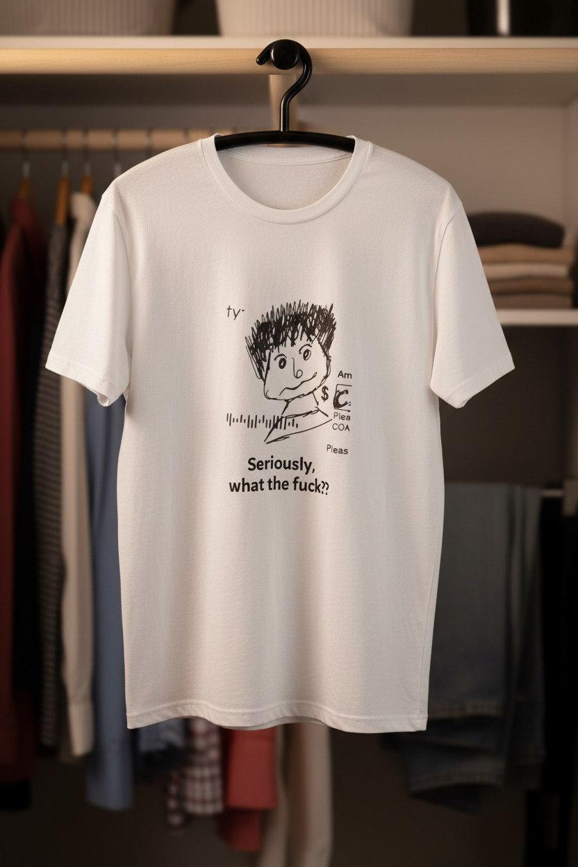 man's black and white novelty t-shirt on a hanger in a closet