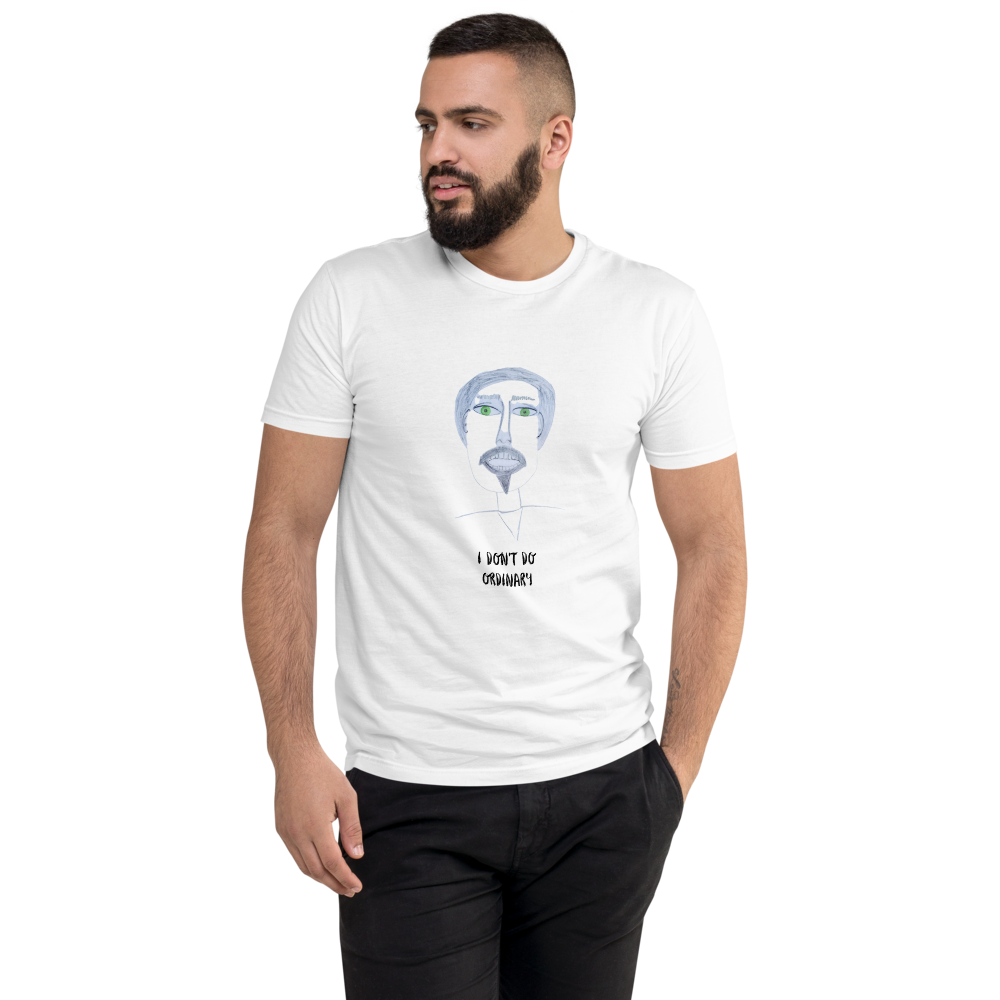 A bearded man wearing a  black, white and green novelty t-shirt on a white background