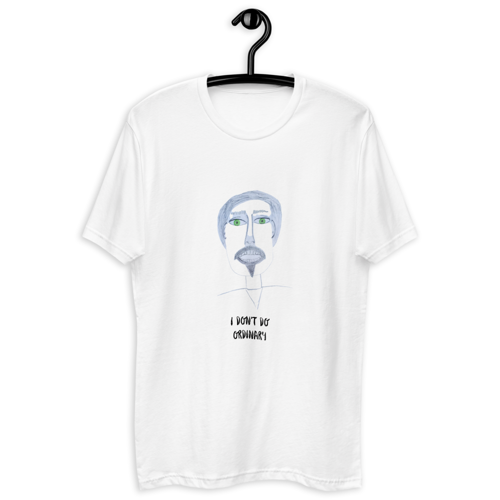 A black, white and green novelty t-shirt on a hanger on a white background
