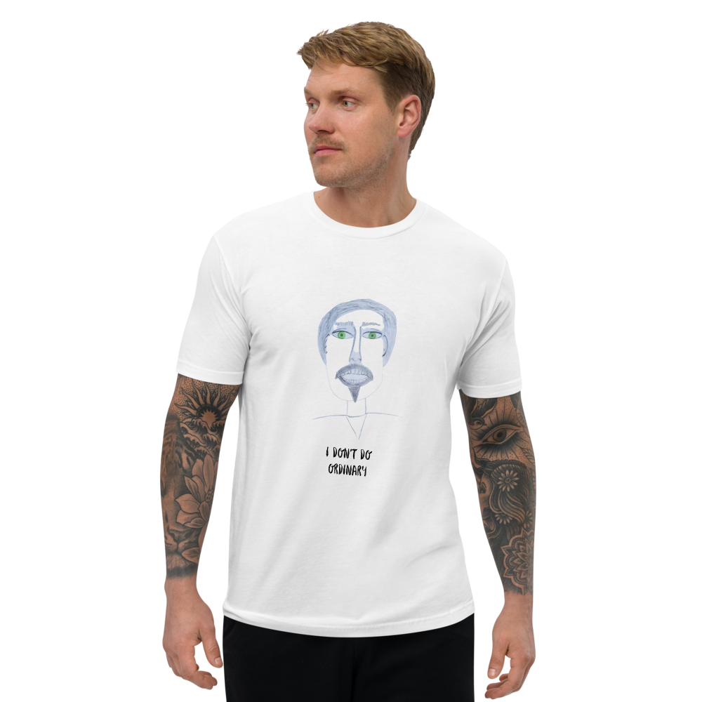 man wearing a  black, white and green novelty t-shirt on a white background