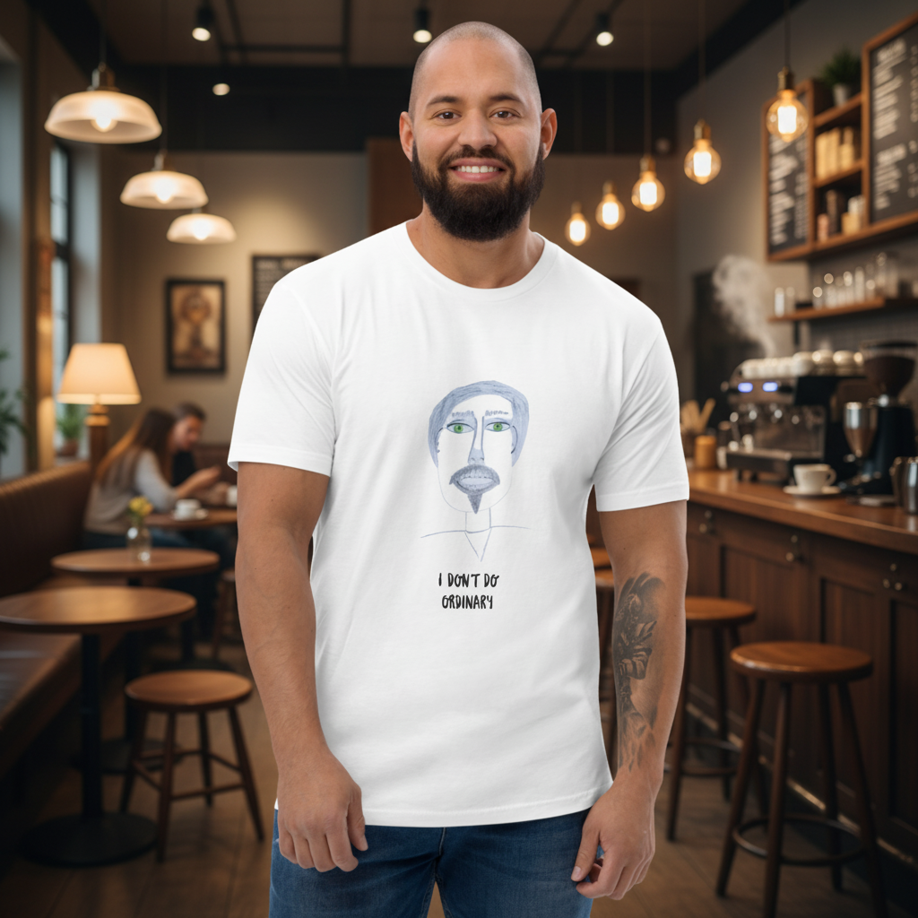 Man in a black, white and green novelty t-shirt in a coffee shop