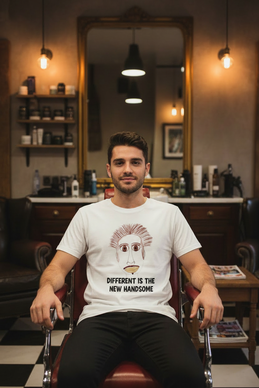 a man wearing a white t-shirt with a catchy phrasein a barbers chair