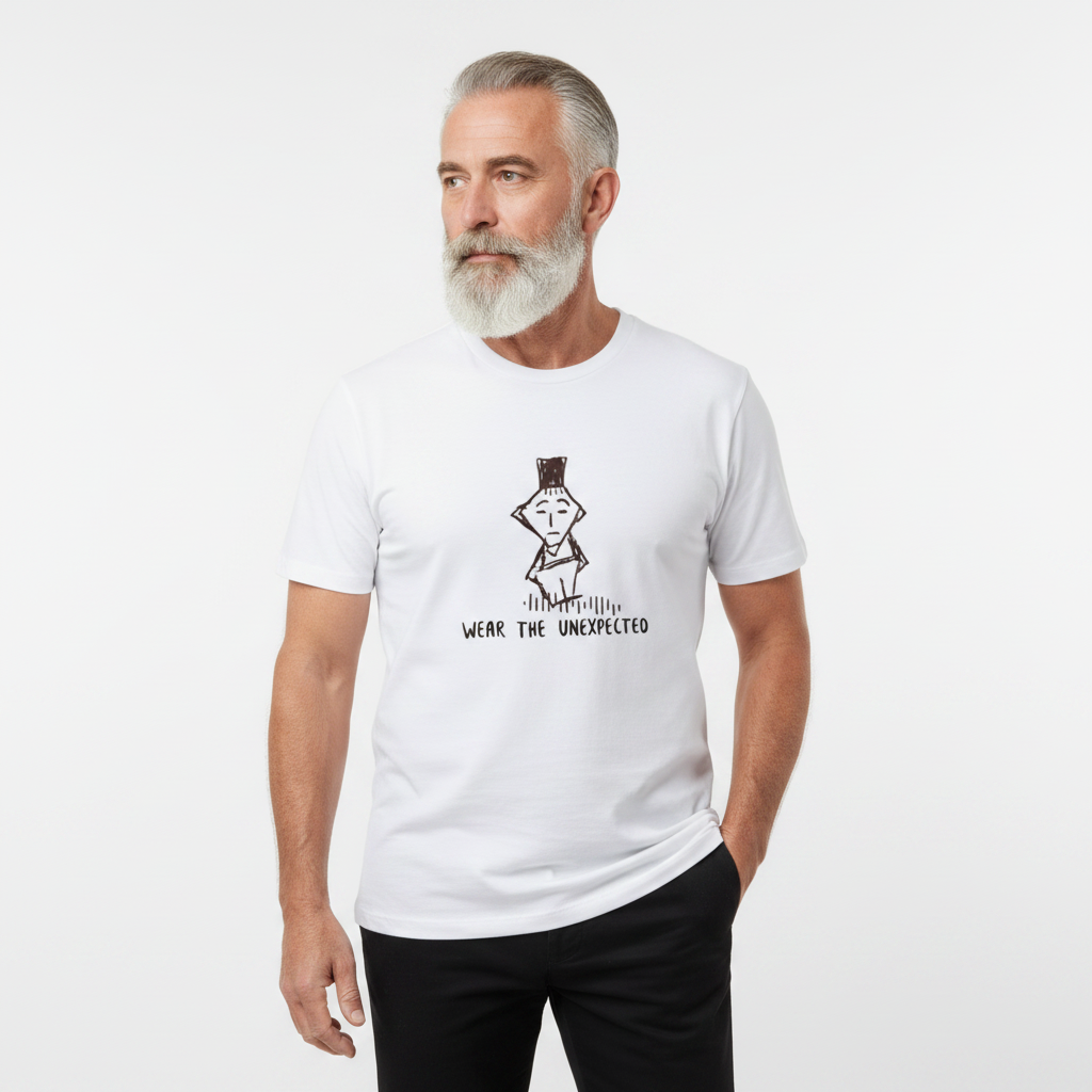 an older man wearing a white novelty t-shirt with a catchy phrase
