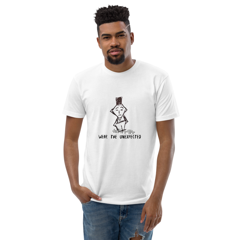 a young man wearing a t-shirt with a catchy phrase on a white background