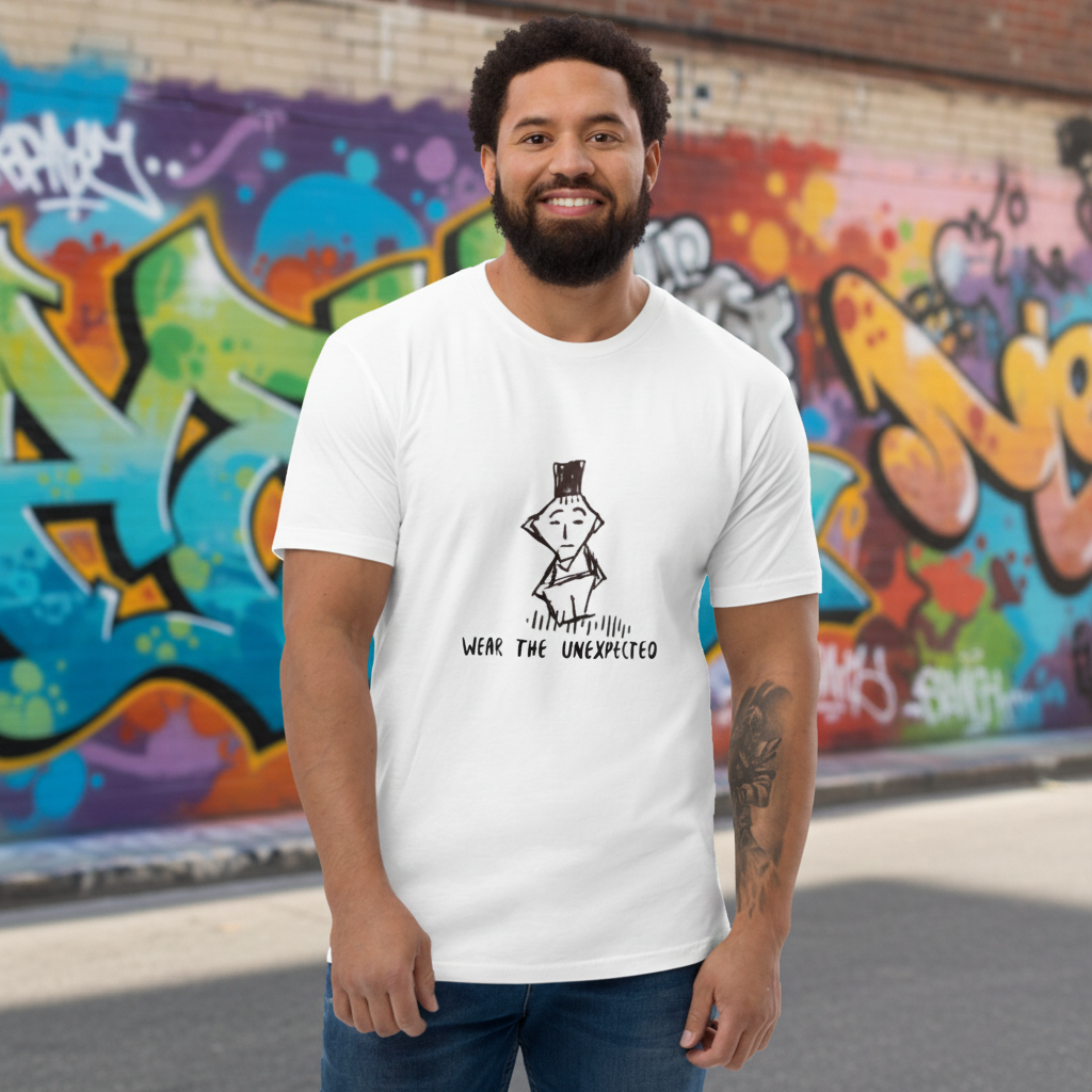 a young man wearing a novelty t-shirt wth a graffiti background