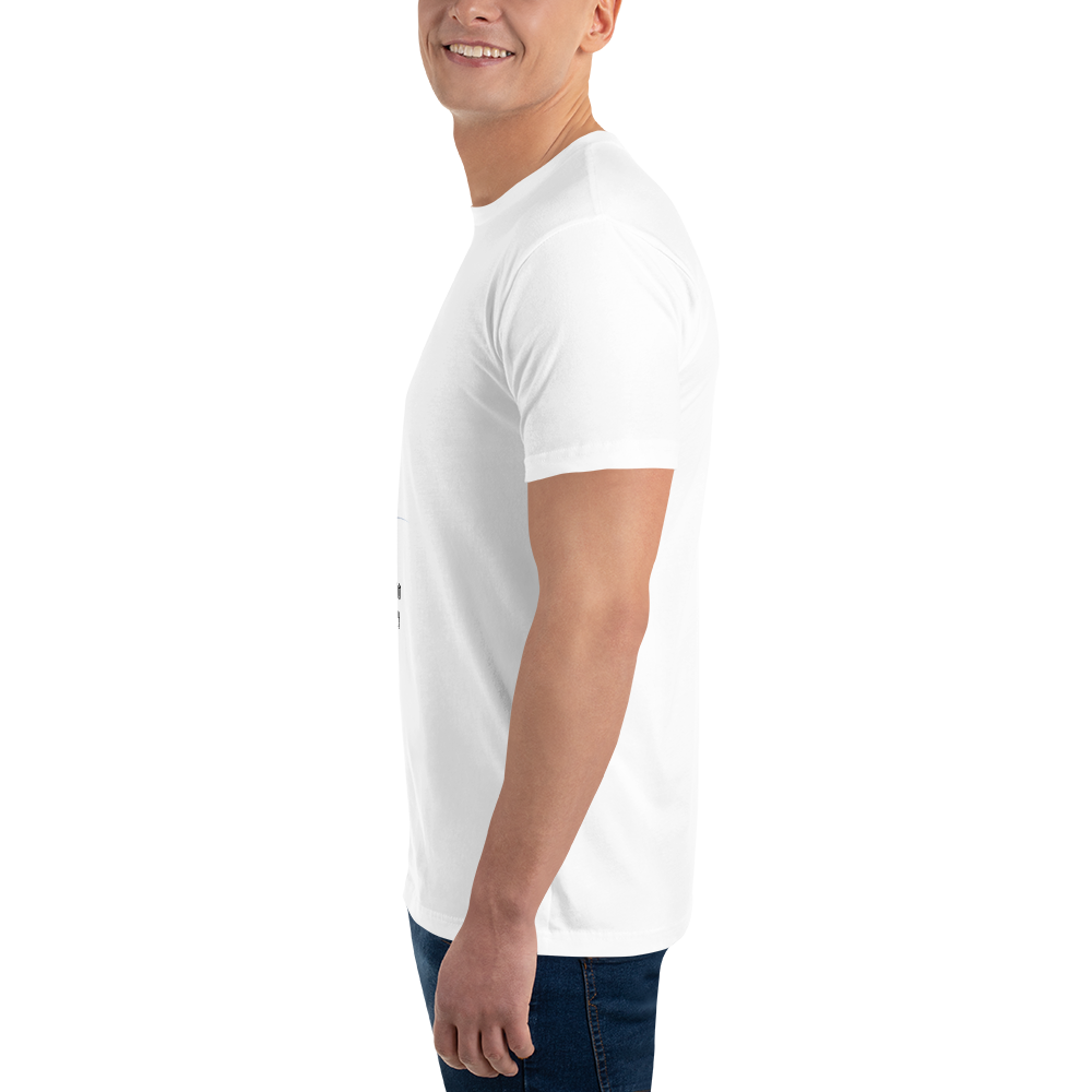 sideview of a man wearing a  black, white and green novelty t-shirt on a white background