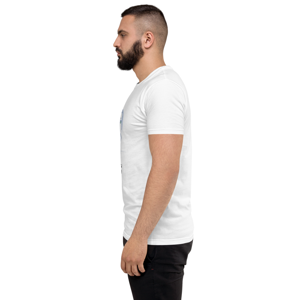 sideview of a man wearing a  black, white and green novelty t-shirt on a white background
