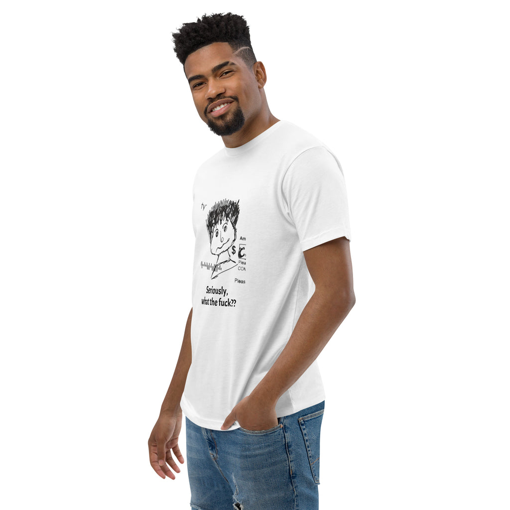 side view of a man wearing a white and black novelty t-shirt on a white background