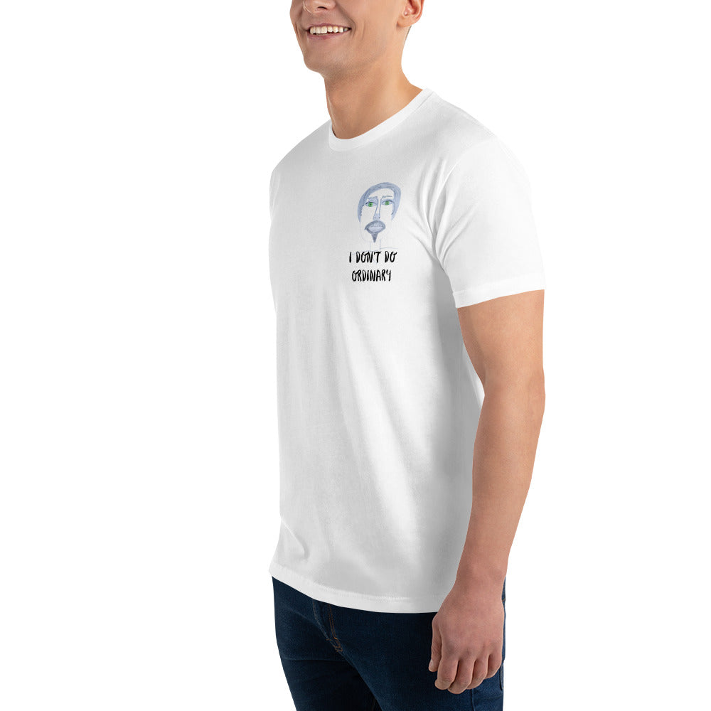 front sideview of a man wearing a novelty t-shirt