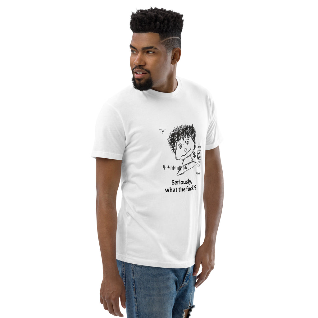 man wearing a white and black novelty t-shirt on a white background