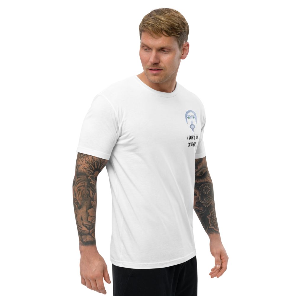 a tattooed man wearing a novelty t-short on a white background