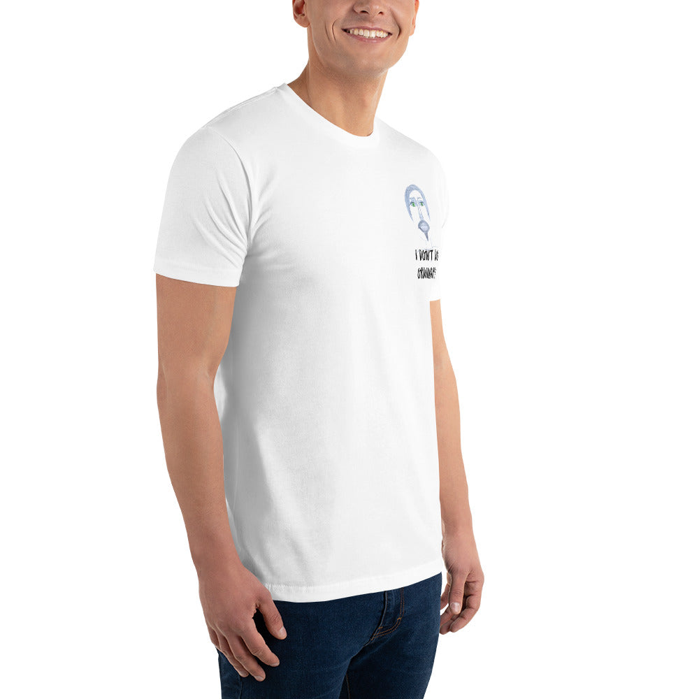 sideview of a young man in a novelty t-shirt on a white background