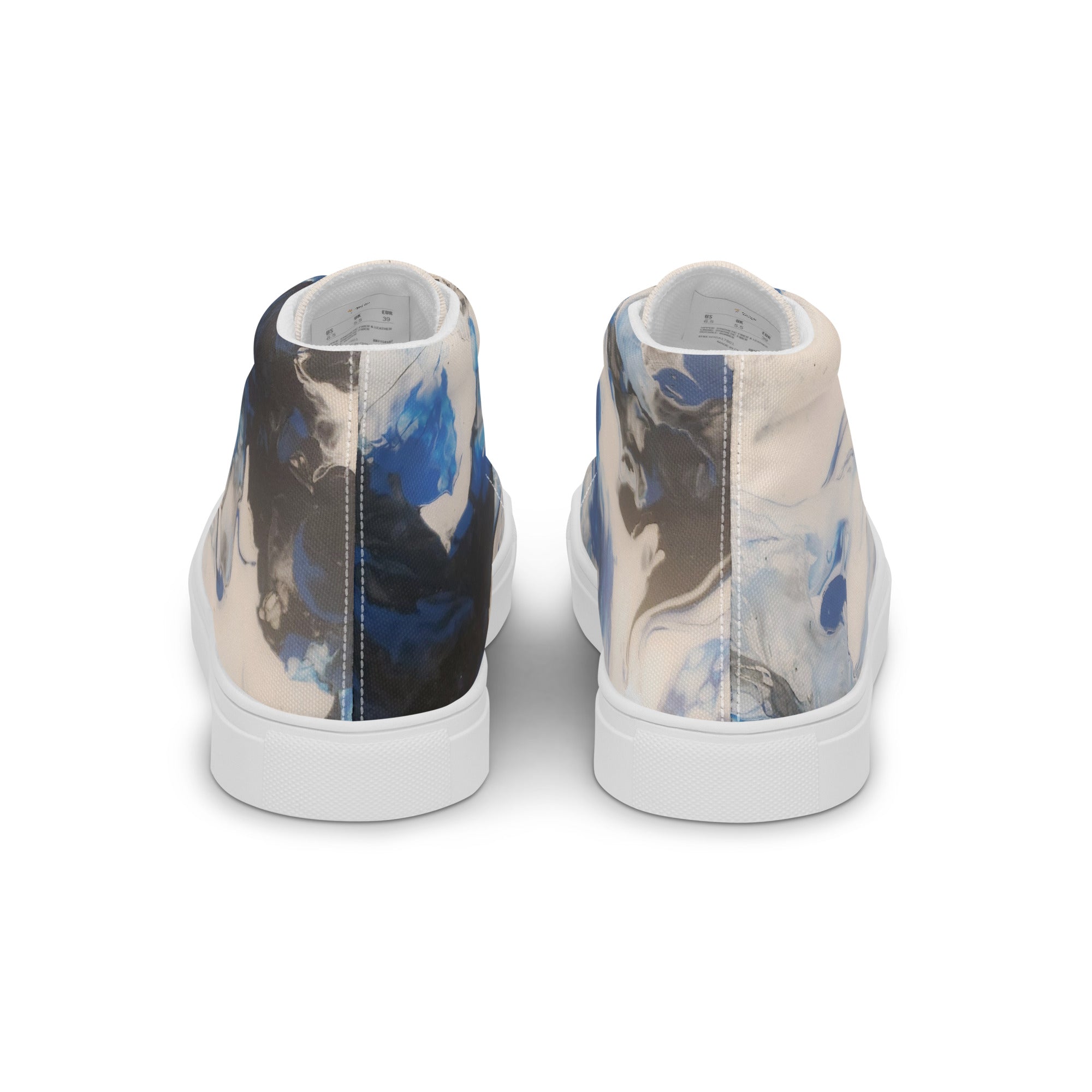 Pair of high-top sneakers with abstract design on a white background