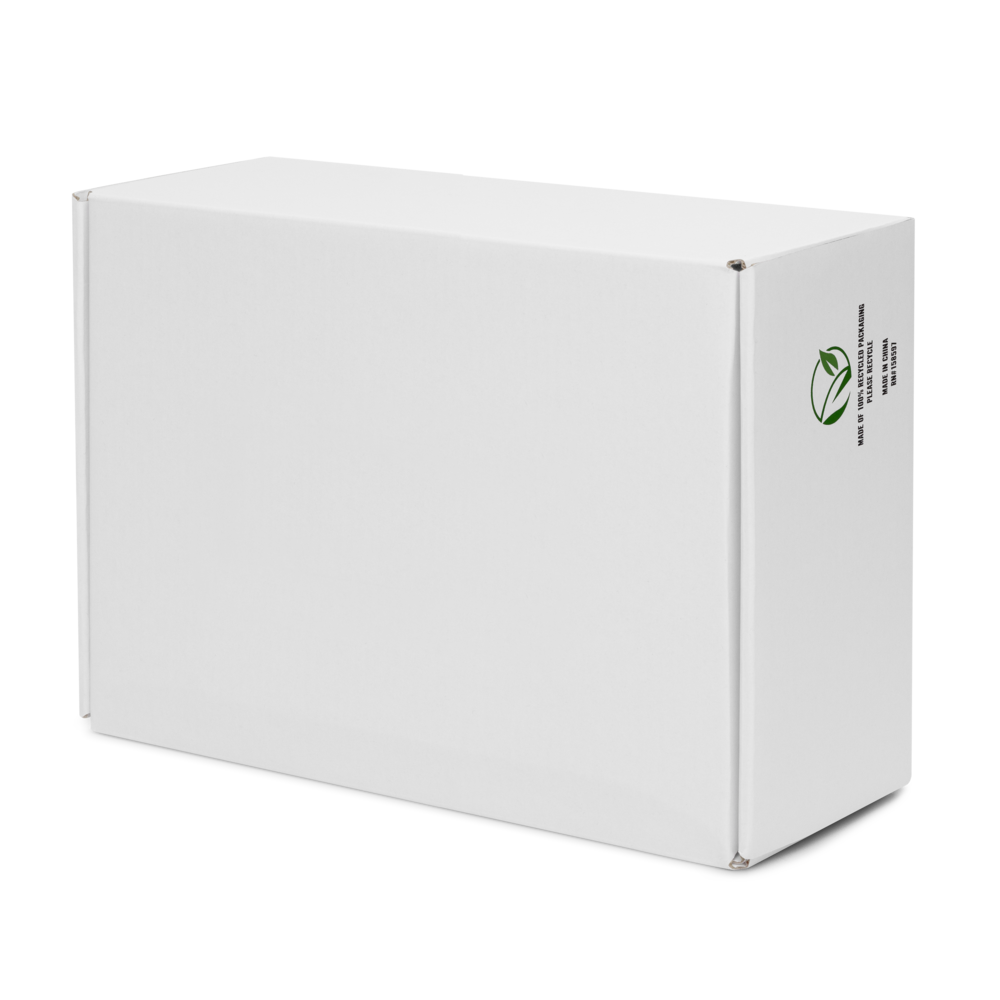 White cardboard box with a green logo on a white background