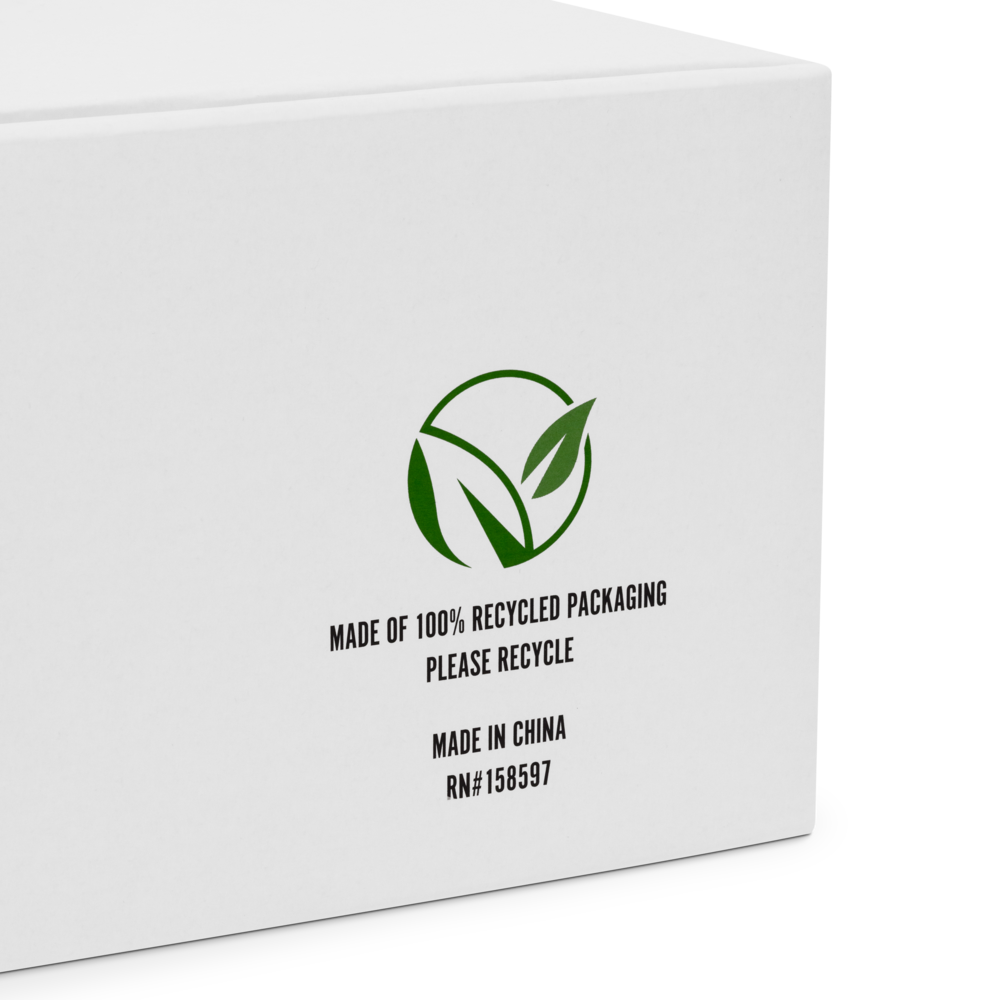 White box with green recycling logo and text on a white background