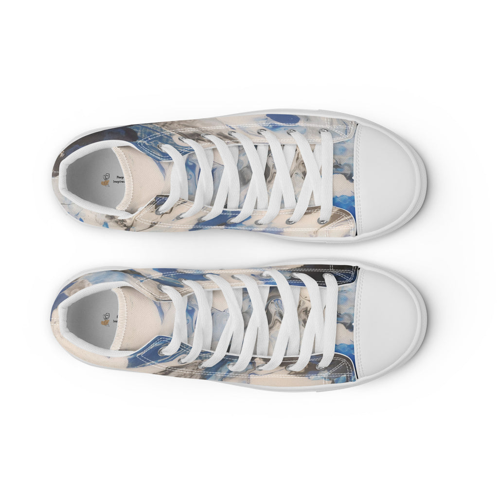 Pair of sneakers with a blue and white pattern on a white background