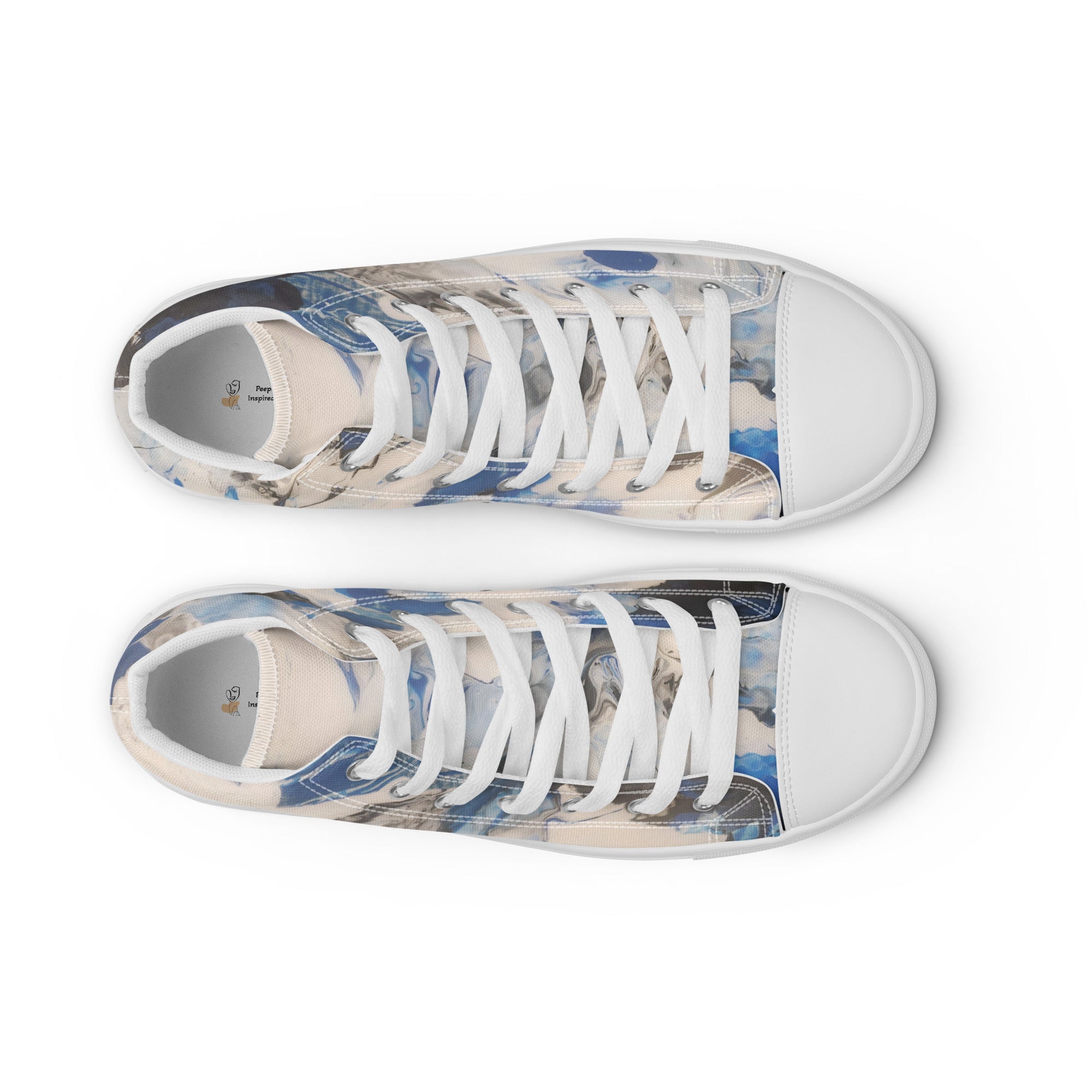 Pair of sneakers with a blue and white pattern on a white background