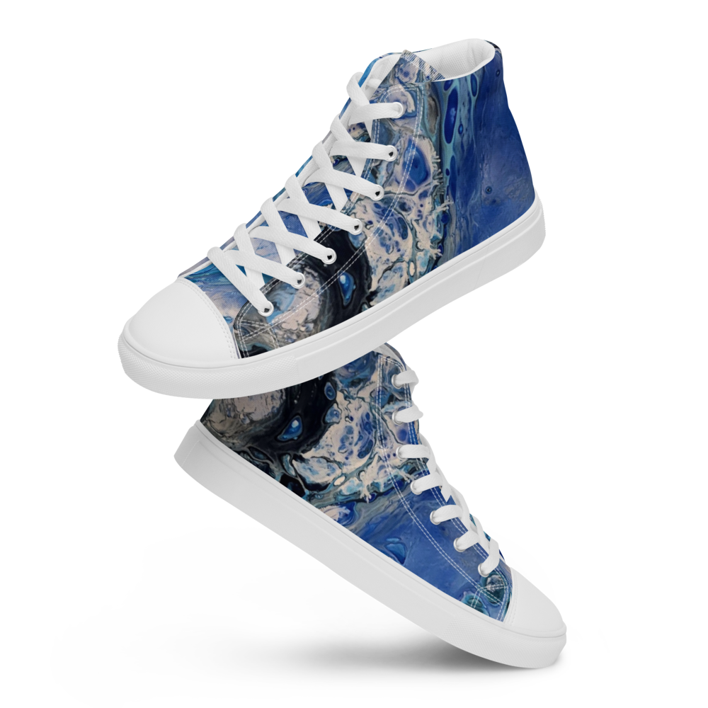 Blue marbled high-top sneakers with white laces on a white background