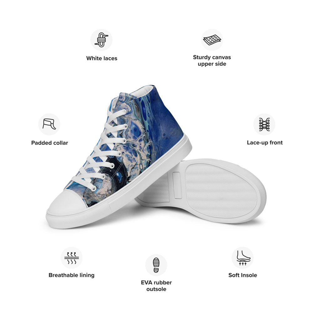 Blue floral high-top sneakers with features listed on a white background