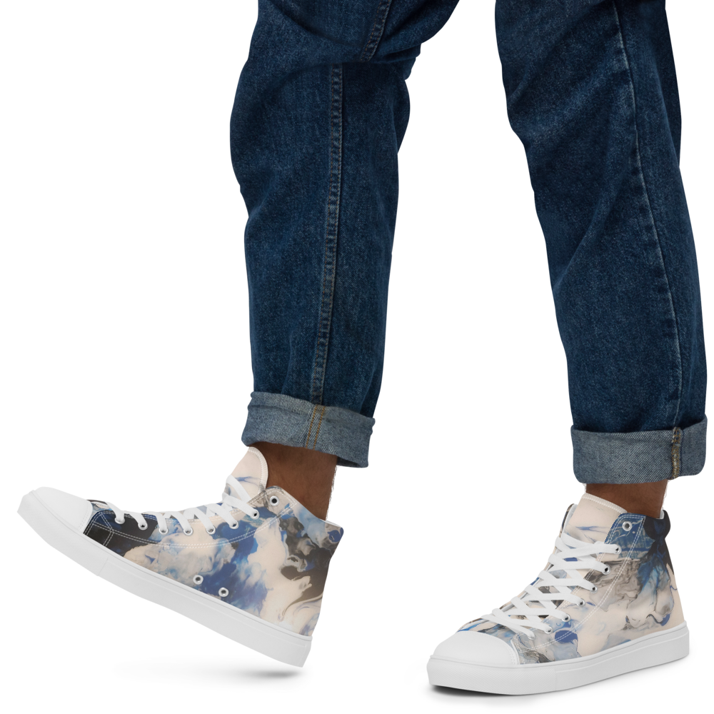 High-top sneakers with floral pattern worn with rolled-up jeans on a white background