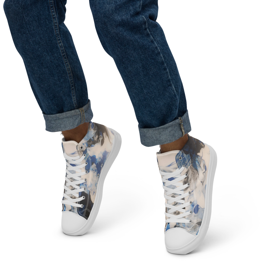High-top sneakers with floral pattern worn with rolled-up jeans on a white background
