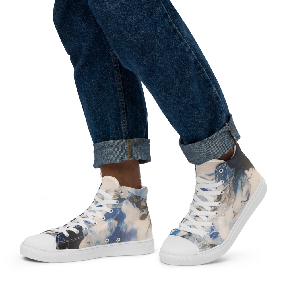 High-top sneakers with floral pattern worn with rolled-up jeans on a white background