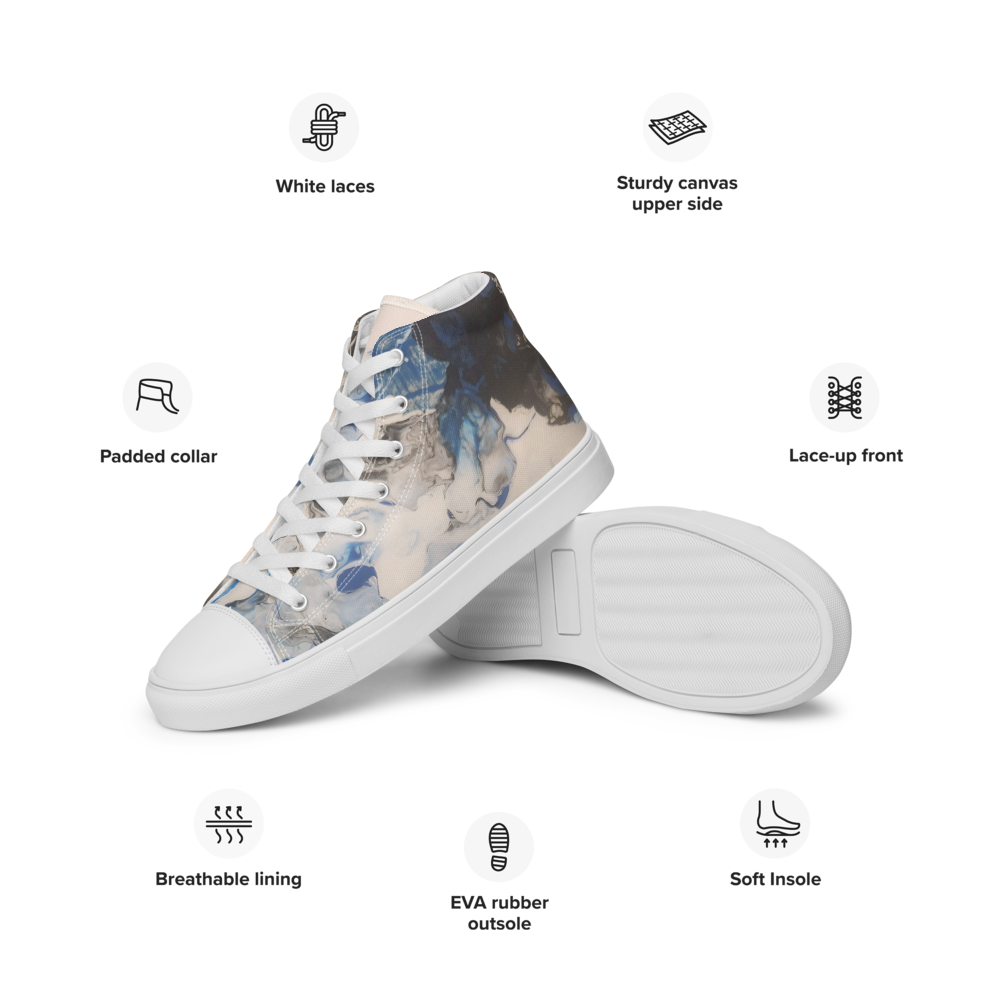 White sneakers with floral design on a white background, featuring text labels about shoe features.