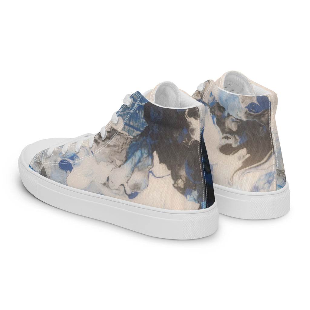 High-top sneakers with abstract blue and beige pattern on a white background