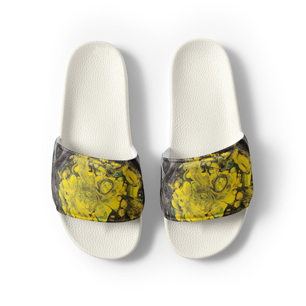 men's yellow abstract slides on a white background