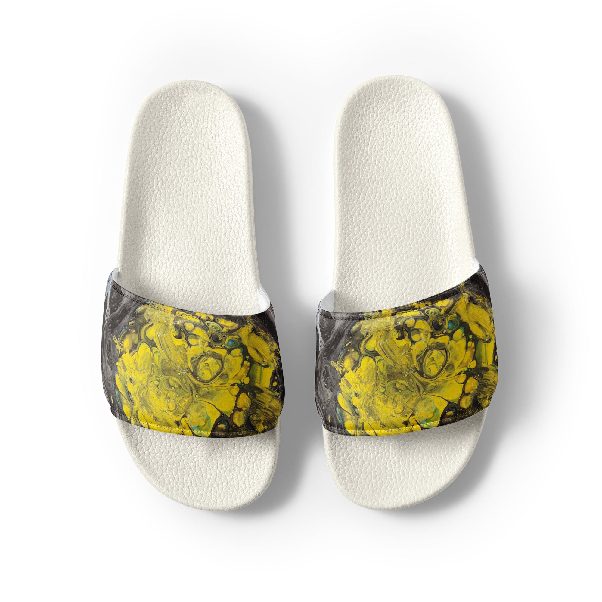 men's yellow abstract slides on a white background