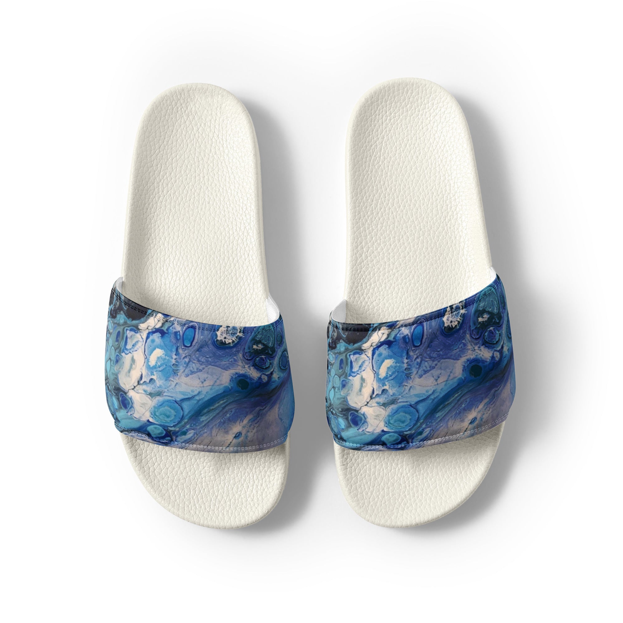 men's blue slide sandals on a white background