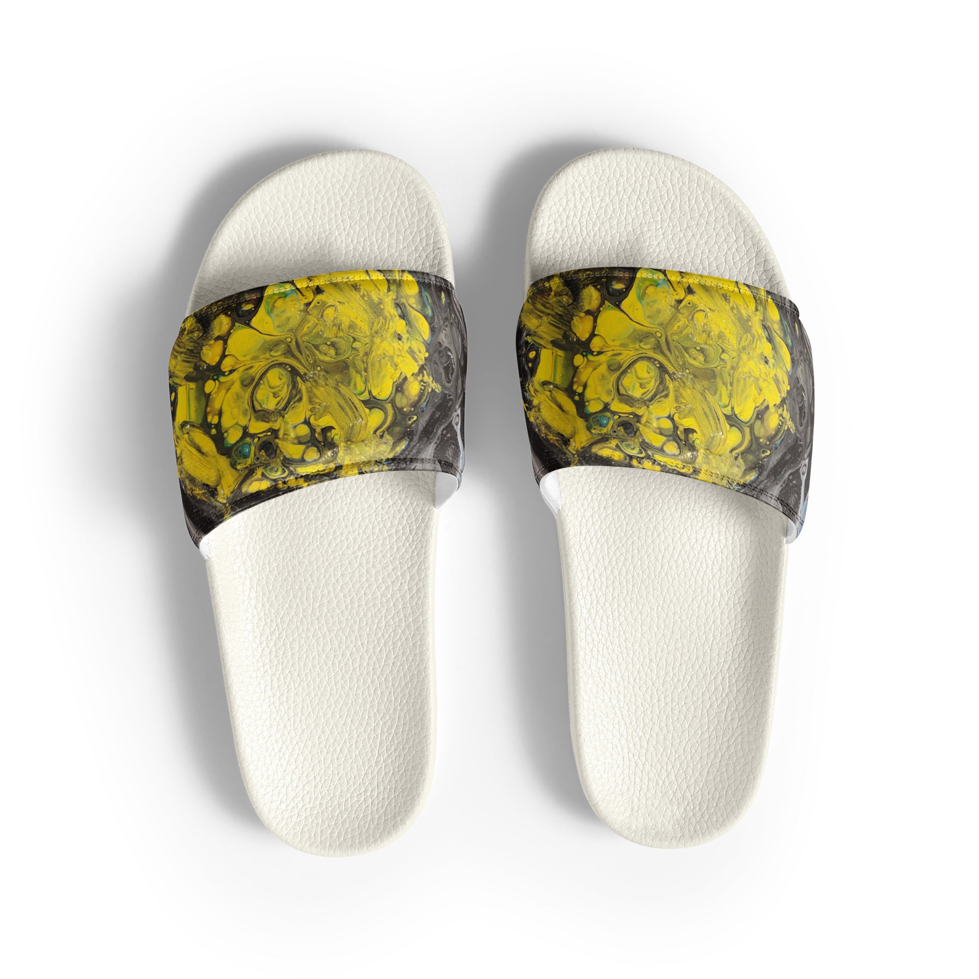 men's yellow abstract slides on a white background