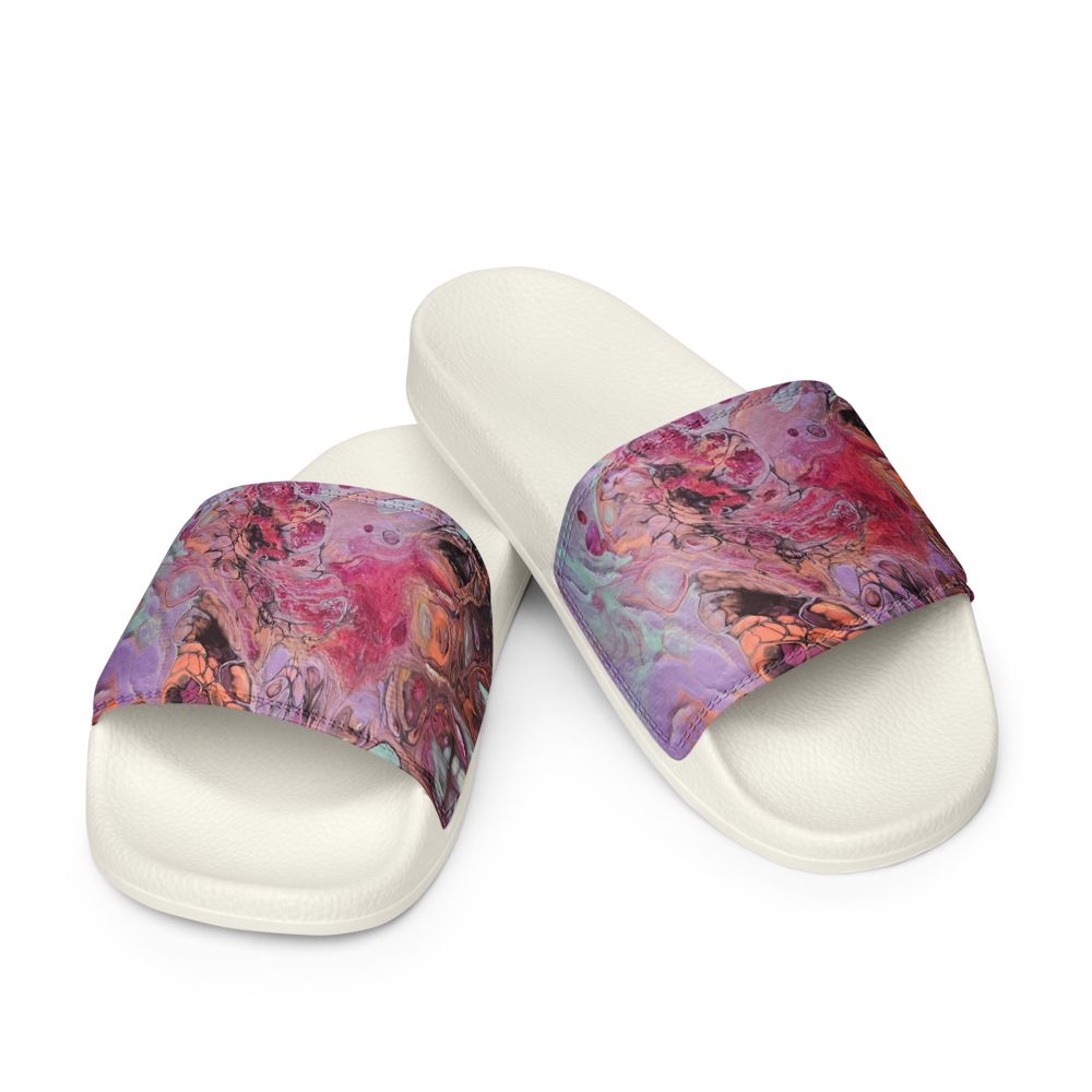 Pair of white slides with colorful abstract design on a white background