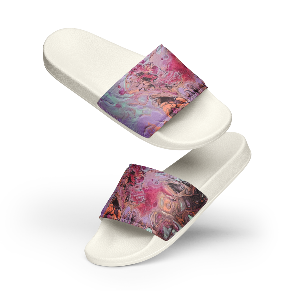 White slides with colorful abstract straps on a white background